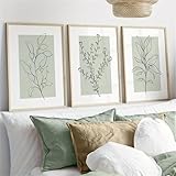 3er Set Premium Poster Set, Moderne Salbei Grüne Pflanzen Abstrakt Kunst Wandbilder, Boho Deko Bilder Für Wohnzimmer Schlafzimmer - Ohne Rahmen (40x50cm)