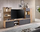 moebel dich auf Wohnwand Anbauwand Wohnzimmer-Set Ancona in Artisan Eiche Nb. / anthrazit, Wandboard + Lowboard + Vitrine (BxHxT) 250x135x38 cm