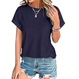 Damen Rundhals Tops Kurzarm Shirts Damen Slim Shirts Mode Casual Flügelärmel Tops Geschwungener Saum, Marineblau, M