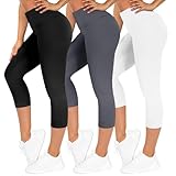 TNNZEET 3er Pack Capri Leggings Damen 3/4 für Sport, 7/8 Leggins High Waist Hose Sporthose für Gym Yoga(Schwarz/Dunkelgrau/Weiß,L-XL)