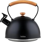 briebe Nordic Wasserkessel Induktion 2,3L, Flötenkessel, Edelstahl Teekessel Retro Alle Herdarten, GlasKeramikherd, Gas, Elektroherd, Holzgriff Cool-Touch, für Tee Kaffee, Tea pot, Schwarz