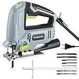 WORKPRO Stichsäge 600W, 3000 SPM mit 6 Geschwindigkeiten & 4 Orbitalpositionen, Schnellem Klingenwechsel, Staubblasfunktion, ±45° Schnittwinkel, Inkl. Entstaubungsrohr & Führungslineal & 7 Sägeblätter