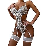 Generisch Sexy Dessous Für Damen, Unterwäsche Frauen Set Tiefer V-Ausschnitt Reizwäsche Body RüCkenfrei Spitzen Babydoll Bodysuit Flirty Lingerie Micro String