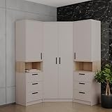 Design Möbel Eckkleiderschrank Set Gustavo Eckschrank mit 2 Regale Soft-Close Kleiderschrank Holz Kleiderschrank Schrank Schlafzimmer Begehbarer Kleiderschrank Weiß Eiche Riviera 143x195x40cm