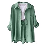 Musselin Zweiteiler Damen Outfit Set Musselin Bluse Shorts Musselin 2 Teiler Kleidung für Damen Elegant Strand Urlaub Loungewear Set Freizeitanzug Leicht Two Piece Mit Oberteil (01 Mint Green-5, XL)