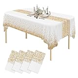 PUWOWYE Einweg Tischdecke, 4 Stück Tischdecke Hochzeit 137 x 274 cm, Wasserdicht Geburtstag Tischdecken, Party Tischdecke Rechteckig füR Jede Feier, Catering, Hochzeit, Geburtstag, Weiß & Gold