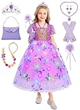 Rapunzel Kostüm Mädchen, Prinzessin Rapunzel Kostüm Kinder, Lila Puffärmel Kleid Faschingskostüm Festliches Kleid für Karneval Fastnacht Geburtstag mit Perücke Handtasche Krone Zauberstab G084S