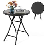 COSTWAY Beistelltisch klappbar, Kleiner Klapptisch, wetterfester Gartentisch, runder Balkontisch mit Tischplatte aus gehärtetem Glas für Balkon, Garten, Terrasse, 46 x 46 x 48 cm (Schwarz)