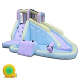 LEADZM Hüpfburg in Macaron-Farben mit Gebläse, Aufblasbarer Spielplatz Outdoor/Indoor mit Pool, Rutsche, Kletterwand, Wasserpistole, für Kinder 3–8 Jahren, 400 x 300 x 230 cm