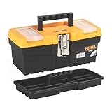 Perel Werkzeugkoffer Kunststoff leer, Werkzeugkasten leer, Werkzeugbox, Werkzeug Organizer Box, Tool Box, 2 Organizer im Deckel, Metallverschluss, schwarz/gelb, 320 x 155 x 139 mm