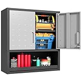 BIZOEIRON Garagen-Wandschrank mit Türen und Regalen, Metall-Wandschrank mit Offenem Stauraum, Hänge-Werkzeugschrank für Garage und Hauswirtschaftsraum, Schwarz & Grau
