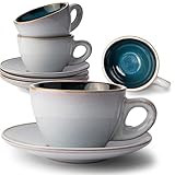 KIVY Cappuccino Tassen Set [4 x 180ml] - Handgefertigt aus dickwandigem Steingut - Cappuccino-Tassen mit Untertasse - Kaffeetassen mit Unterteller - Cappuccino Tassen Dickwandig Groß Blau