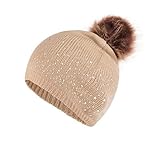 qwea Cap halten Haarball Wolle Wintersüße Baby-Hut mit Strick Hemmung warme Strass-Kindermütze Baby Sonnen Mütze Mädchen (Khaki, One Size)