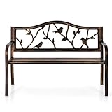 PHI VILLA Gartenbank Metall Stahlrahmen 2-3 Sitzer Bank Outdoor mit Vogelmuster Rückenlehne Sitzbank für Park, Garten und Terrasse Bronze