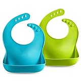 PandaEar 2 Stück Silikon Baby Lätzchen BPA Frei für Fütterung- Kleinkinder Fütterungs Lätzchen Silikon Weiches Wasserdicht mit Auffangschale 4 Verstellbaren Tasten für Kleinkinder Baby Jungen Mädche