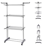 homewell Wäscheständer mit 4 Rollen, Standtrockner 4 Ebenen, Flügelwäscheständer, klappbare Flügel, Edelstahl Wäscheturm Standtrockner für Innen und Außen (Grau + Silber)