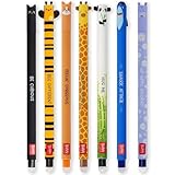 Legami Set mit 7 radierbaren Gelstiften mit thermoempfindlicher Radiertinte, verschiedene Tintenfarben und Schaftdesigns, 0,7 mm Spitze, Designs: Katze, Biene, Corgi, Giraffe, Panda, Hai, Nilpferd