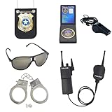 ZUCOS Polizei Kostüm Kinder, Polizist Handschellen Sonnenbrille Abzeichen Detective Cop Swat Rollenspiel Zubehör Halloween Party Kostüm Dress up (A, Medium)