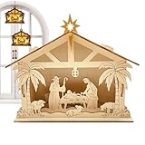 Generico Weihnachtskrippe – mit LEDs und religiösen Dekorationen – Weihnachtsfiguren aus Holz mit | für den Innen- und Außenbereich Wand Fenster Festival Büro Bauernhof