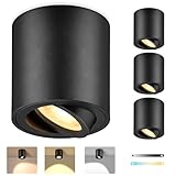 GeyouLux 4×LED Aufbauspot Dimmbar, Ø80x84mm Deckenspots Schwarz, Aufputz 230V inkl. 5W 580LM LED Modul, 3000K/4000K/6500K Aufbaustrahler, 30° schwenkbar Aufbauleuchte, Aluminium LED Aufbauleuchte Rund