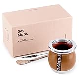 thebmate [Tiny Mate Premium Set Yerba Mate Tasse – handgefertigte Keramik-Teetasse – Braunes Leder umwickelt handgefertigt in Uruguay – Set Mate Tiny mit deutschem Silber-Bombilla-Strohhalm und