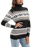 Yukiuiny Damen Weihnachtspullover Rollkragen Feinstrick Norwegerpullover Weich Warm Weihnachtpulli mit Bündchen Stretch Rolli Sweater Schwarz, XL
