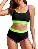 Hanna Nikole Damen Color Block Bikini Hohe Taille Badeanzug Bauchweg Swimsuit für Schwimmbad Schwarz L