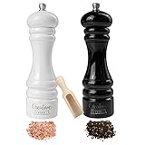 Creative Home Große Salz Pfeffermühle Holz | Set von 2 Mühlen Weiß Schwarz mit Mini-Holzschaufel | 18cm Höhe | Manueller Quetschmechanismus | Perfekte Salzmühle Gewürzmühle für Jede Küche