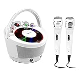 auna SingSing Karaoke-Anlage - mobiler Karaoke CD Player mit LED-Display und -Lichteffekten, Echo-Effekt, Batteriebetrieb, 2 x dynamisches Mikrofon, BT, weiß