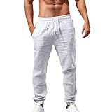 Hose aus Baumwolle und Leinen für Herren, leicht, Sommerhose, Sporthose, Chinohose für Herren, breite Hose, Herren, elastischer Bund, mit Taschen, Kordelzug, atmungsaktiv, lässig, Strand, Urlaub