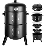 Räucherofen, 3 in 1 Smoker Grill Holzkohlegrill, Räuchertonne Räuchergrill Watersmoker, Räuchern Räucherofen mit Deckel & Thermometer, 2 Grillrost Edelstahl, 2 Wasserschale Emaille, Holzkohle Grill
