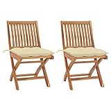 Teenpull Gartenstühle 2er Set, Massivholz Teak, klappbar, wetterfest, für Outdoor & Patio, mit cremeweißen Kissen, 46,5x58x88 cm, langlebige Terrassenstühle