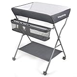 Maydolly Baby Klappbarer Wickeltisch，Mobiler Wickeltisch mit Rollen und Wickelauflage,Wasserdicht und Höhenverstellbar，Baby Wickelkombi mit Ablagefächern(dunkelgrau)