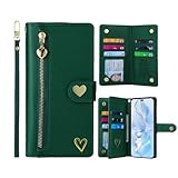 ATISIJIE Hülle für Huawei P10 Lite/nova Lite Handyhülle,goldenem Herzmuster Leder Hülle mit 9 Kartenfächer Reißverschluss Geldbörse Schutzhülle,Frauen Mädchen Magnetic Flip Wallet-Grün