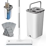 Midyb Wischmopp Set mit Eimer - Bodenwischer Set mit 10 Mikrofaser Mop Pads und 140cm Edelstahlgriff - Flachmopp Set mit Eimer 2 Kammern - Wischmopp mit Auswringfunktion für alle Böden, Weiß