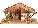 meindekoartikel Weihnachtskrippe Krippenstall mit schönen Details aus Kiefernholz 26 cm