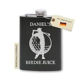 Flanacom Flachmann mit Gravur aus Edelstahl inkl. Trichter 227ml / 8oz Golf Spieler Alkohol Geschenke für Männer Flachmann Personalisiert mit Wunschgravur (Design 8, 8 Oz Schwarz)