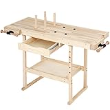 TIMBERTECH® Hobelbank - 127x57,5x82,5 cm, aus Holz mit Spannzange, Schraubstock und Schublade, bis 200 kg belastbar - Werkbank, Werktisch, Arbeitsbank, Tischlerbank, Holzwerkbank