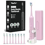 Elektrische Zahnbürste, Schallzahnbürste für Erwachsene und Kinder, Electric Toothbrush mit 5 Putzmodi 3 Intensitätsstufen Integrierter Timer und 8 Zahnbürstenköpfen, Reiseetui, Rosa