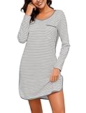 Namatime Nachthemd Damen Langarm Schlafshirt Baumwolle Nachtwäsche Lang Weiche Loungewear Rundhals Nachtkleid Streifen Freizeitkleid PAT3 M