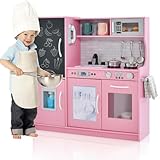 HOMASIS Spielküche mit 10 Zubehör, Kinderküche Holz, Spielzeugküche mit Tafel Spüle Herd Ofen Mikrowelle Eismaschine Telefon, Holzküche mit Sound, Kinderspielküche für Kinder ab 3 Jahre (Rosa)