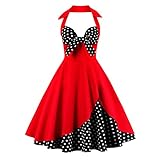 IWEMEK Damen Halter Vintage 1950er Rockabilly Retro Kleider Elegantes 50er Pinup Hepburn-Stil Swing Neckholder Knielang Abendekleider Partykleider Cocktailkleider Faltenrock # Rot Polka Dots XL