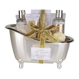 Accentra - COSY MOMENTS Bade- & Duschset in gold - Geschenk Set zur Entspannung für Frauen zum Geburtstag oder Weihnachten - 7-Teiliges Wellness Geschenk- & Pflegeset mit Mini Deko-Badewanne