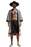Ellives Houndstooth Kimono Herren Bademantel - Lang Seiden Schlafmantel Männer Nachtwäsche Satin Morgenmantel Robe Schwarz