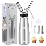 ERWEY Sahnespender 500ML, Sahnesyphon Aluminium, Sahnesprüher Auslaufsicherer Einfach Reinigen mit 3 Tüllen und 1 Reinigungsbürsten, Schlagsahne Spender für Küche Party Desserts