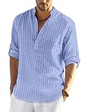 COOFANDY Herren Leinenhemd Gestreiftes Hemd Herren Henley Shirt Stehkragen Freizeithemd Casual Regular Fit Sommerhemd Blaue Streifen XL
