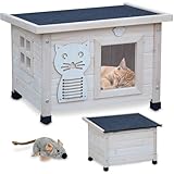 zooprinz Premium Holz Katzenhaus – Katzenkiste mit Dach zum Öffnen, Fenster und Schwingtür – Sisalband an der Katzenbox – Wetterfest für Garten/Balkon – Innen- und Draußen Hütte (Natur, Standard)