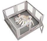BingoPaw Wurfkiste für Hunde Welpenauslauf: Schwerlast Hundelaufstall für Wohnung aus Gehärtetem Glas, Welpenlaufstall 60 cm hoch, Holz Welpenbox XXL mit wasserdichte Bodenmatte 120x118x60 cm