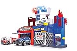 Dickie Toys – Parkgarage Feuerwehr und Polizei – Parkhaus inkl. 2 Spielzeugautos, mit Aufzug, Blaulicht, Sirene, Löschfunktion, für Kinder ab 3 Jahren