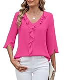 ABINGOO Damen Chiffon Bluse V-Ausschnitt Rüschensaum Loose Tunika 3/4-Ärmeln Elegant Tops Business Einfarbige Oberteile Pullover(Rosa,XL)
